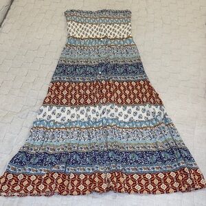 MSK Strapless Boho Maxi Dress in Blue, White, Rust